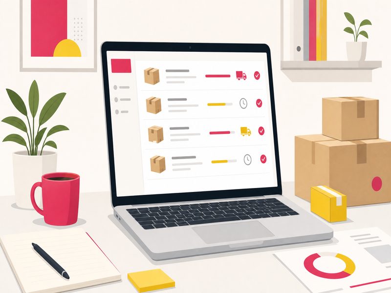 Illustration flat design d'une boutique en ligne sur ordinateur portable avec un tableau de suivi des commandes et colis expédiés, fond clair, accents rouge et jaune