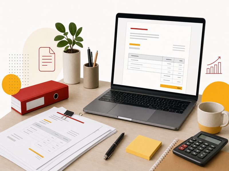 Bureau d'une petite entreprise avec des factures papier et un ordinateur portable affichant un formulaire de facturation, illustration éditoriale sur fond clair