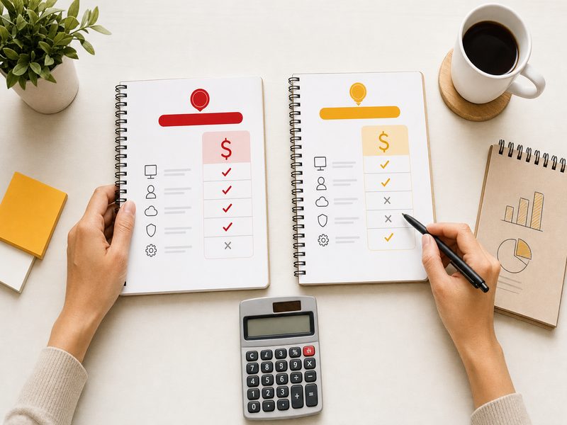 Deux mains comparant deux carnets de grilles tarifaires avec une calculatrice sur un bureau en bois, symbole de la comparaison des offres de logiciel de facturation