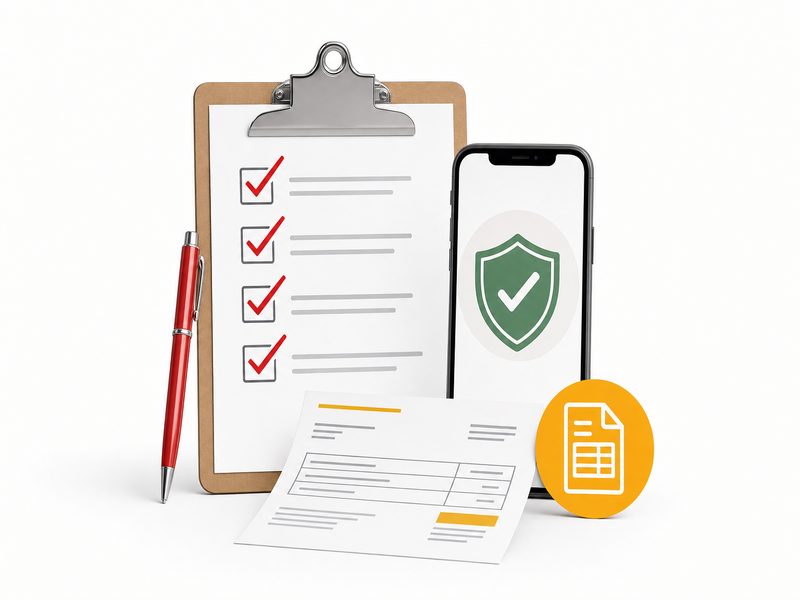 Liste de contrôle de conformité posée à côté d'un smartphone affichant un bouclier validé, symbole de la vérification d'une plateforme agréée pour la facturation électronique