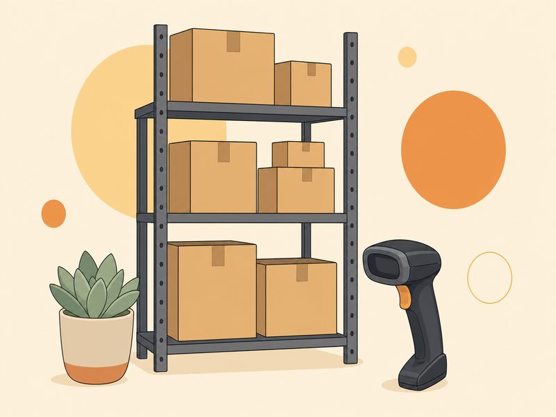 Étagères de stockage avec des cartons et une douchette de lecture de codes-barres, sur fond crème chaud avec une plante grasse et des cercles jaunes, pour illustrer la gestion des stocks d'une petite entreprise
