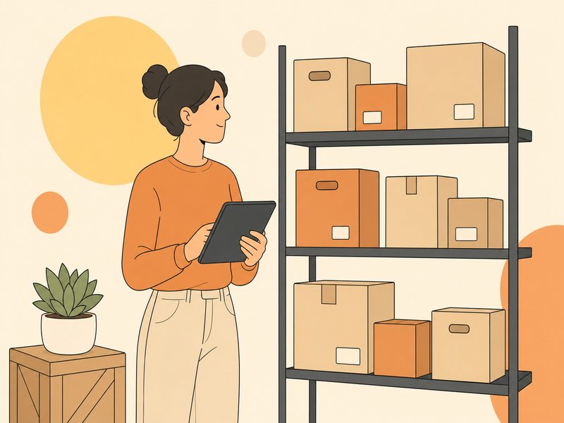 Une personne tenant une tablette devant des rayonnages de produits, avec une calculatrice et des billets symboliques sur fond crème, pour illustrer le coût et le retour sur investissement d'un logiciel de gestion de stock
