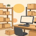 Réserve d'un petit commerce avec des cartons rangés sur des étagères, un ordinateur de bureau et une douchette code-barres, illustration crème et jaune sur le logiciel de gestion de stock