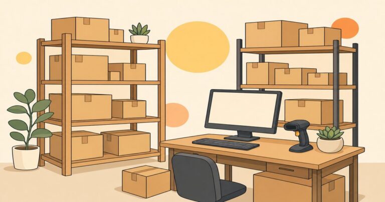 Réserve d'un petit commerce avec des cartons rangés sur des étagères, un ordinateur de bureau et une douchette code-barres, illustration crème et jaune sur le logiciel de gestion de stock