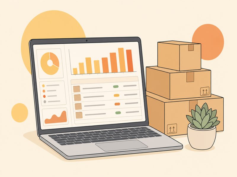 Un ordinateur portable affichant un tableau de bord de gestion des stocks, posé sur un bureau clair à côté de cartons empilés et d'une plante grasse, illustration éditoriale aux tons crème et jaune