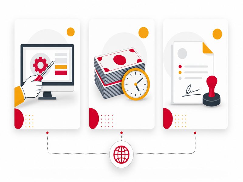 Illustration flat design de trois panneaux comparant trois modes de maintenance d'un site : faire soi-même, intervention à l'acte et contrat mensuel, aux accents rouge et jaune