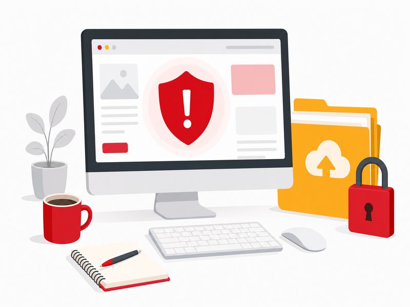 Illustration flat design d'un écran d'ordinateur affichant une alerte de sécurité sur un site web avec un bouclier rouge, un dossier de sauvegarde et un cadenas, aux accents rouge et jaune