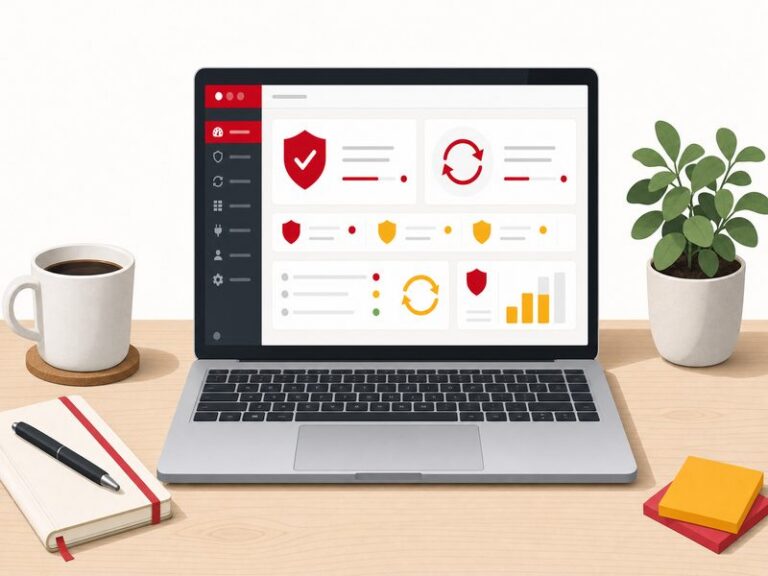 Illustration flat design d'un ordinateur portable affichant l'administration d'un site web avec des icônes de mises à jour et de sécurité, sur un bureau avec carnet, tasse et plante, aux accents rouge et jaune