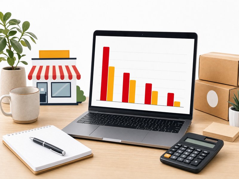 Bureau d'entrepreneur avec ordinateur portable montrant un comparatif de commissions de places de marché, calculatrice et carnet de notes sur le bureau en bois clair, illustration éditoriale sur fond blanc