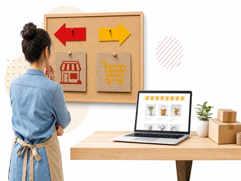 Artisan face à deux chemins symbolisés par des flèches en papier rouge et jaune sur un tableau en liège, laptop ouvert montrant un site de vente en ligne sur le bureau en bois clair, illustration éditoriale sur fond blanc