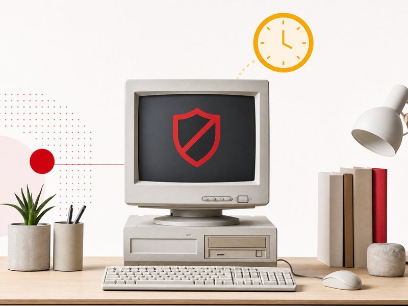 Un ancien poste de bureau posé sur un bureau en bois affiche un bouclier barré rouge symbole de fin de support des mises à jour de sécurité, avec une horloge jaune flottant au-dessus, illustration éditoriale sur fond clair