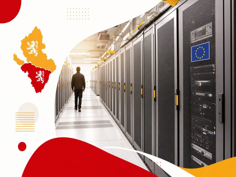 Illustration du lancement de Mistral Large 4 : baies de serveurs dans un datacenter européen avec drapeau européen sur une porte de baie et silhouette de technicien, aux accents rouge et jaune normand.