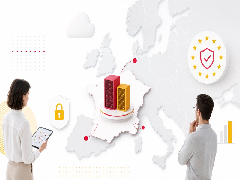 Carte de l'Europe avec serveurs en France, Scaleway et OVH, illustrant la souveraineté des données et la conformité RGPD pour l'IA open source.