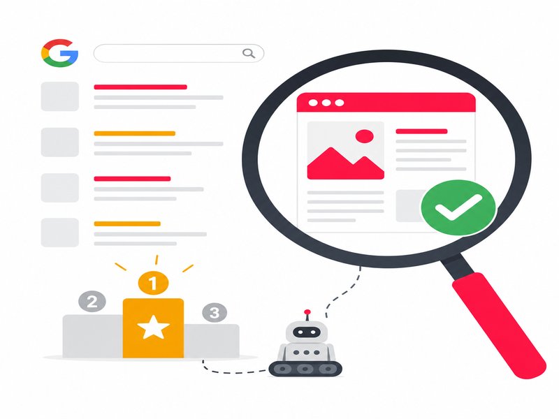 Une page web entourée d'une loupe avec un feu vert d'indexation, mais restant à l'écart du podium des résultats de recherche, illustration éditoriale flat design aux accents rouge et jaune