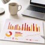 Illustration éditoriale d'un rapport statistique sur le numérique des entreprises, graphiques en barres rouges et jaunes posés sur un bureau avec ordinateur portable et tasse