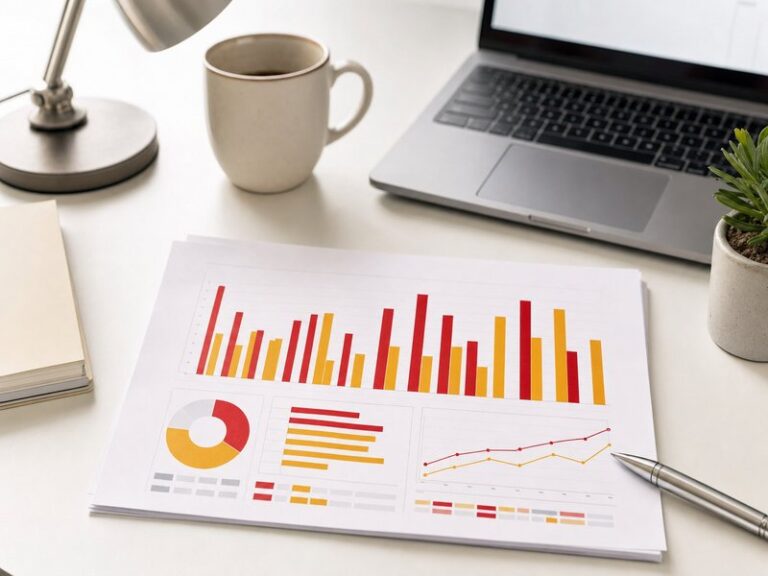 Illustration éditoriale d'un rapport statistique sur le numérique des entreprises, graphiques en barres rouges et jaunes posés sur un bureau avec ordinateur portable et tasse