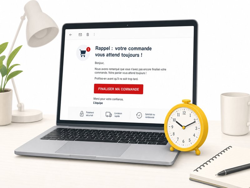 Illustration d'un ordinateur portable montrant un email de rappel de panier abandonné avec un bouton rouge finaliser ma commande, une horloge jaune posée à côté du clavier symbolisant le délai de relance