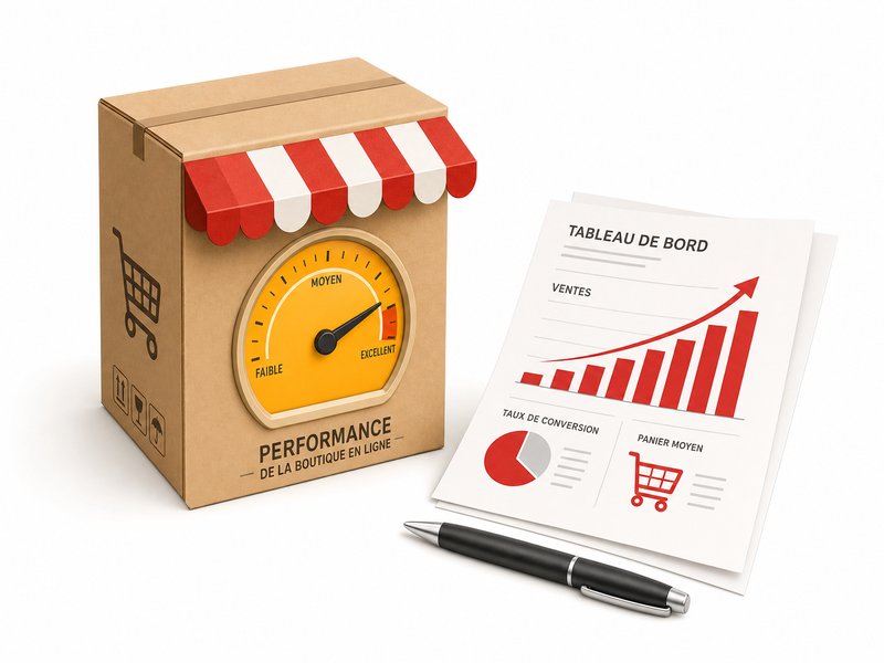 Illustration d'une boîte d'emballage carton de boutique en ligne avec une jauge jaune et des graphiques rouges en barres représentant le suivi des commandes récupérées après relance