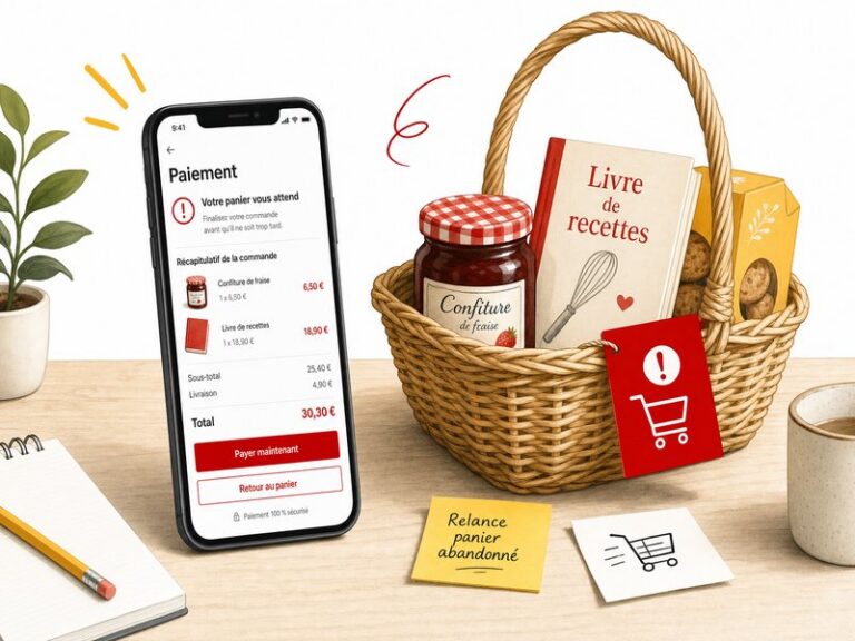 Illustration d'un smartphone posé sur un bureau en bois affichant une page de paiement e-commerce abandonnée, à côté d'un panier en osier rempli de produits, style éditorial aux accents rouge et jaune sur fond blanc