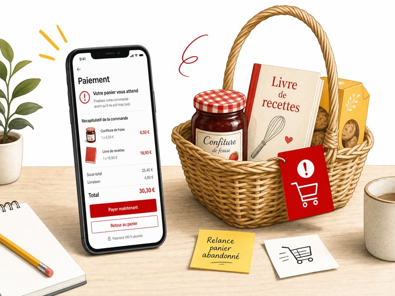 Illustration d'un smartphone posé sur un bureau en bois affichant une page de paiement e-commerce abandonnée, à côté d'un panier en osier rempli de produits, style éditorial aux accents rouge et jaune sur fond blanc