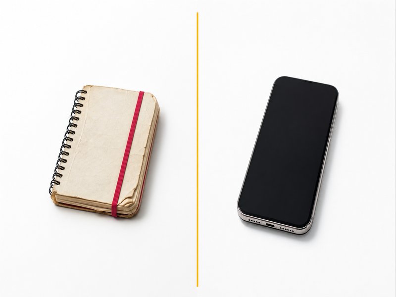 Comparaison visuelle entre un carnet de mots de passe et un téléphone déverrouillé par empreinte, illustrant le passage des mots de passe aux clés d'accès