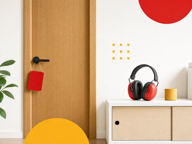 Illustration d'un bureau minimaliste avec une porte fermée portant une pancarte ne pas déranger, accroché un casque anti-bruit, palette rouge et jaune sur fond clair