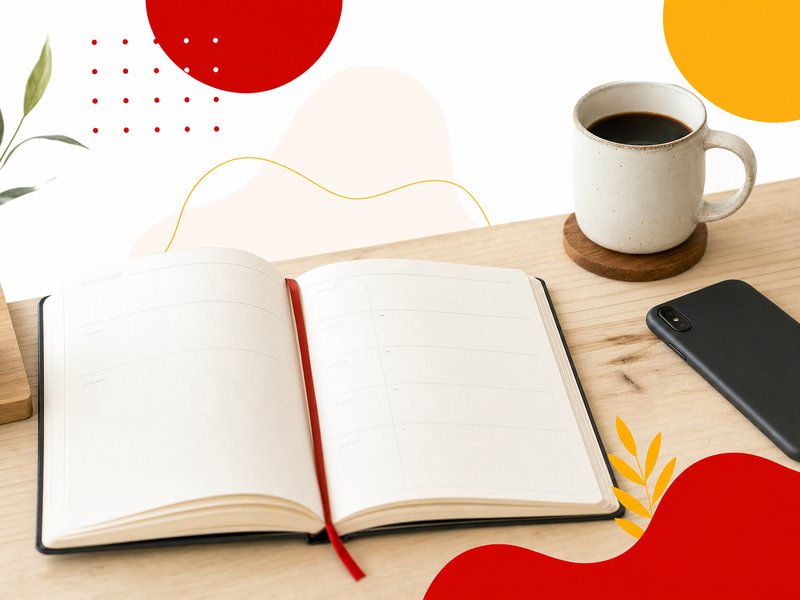 Illustration éditoriale d'un agenda papier posé sur un bureau d'artisan, avec un café et un smartphone en mode avion, couleurs rouge et jaune sur fond clair