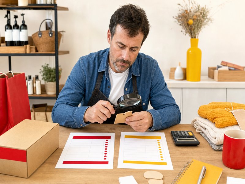 Comparaison de prix concurrents sur une table en bois : relevés de prix imprimés, loupe sur une étiquette de produit et calculatrice pour vérifier son prix de vente e-commerce
