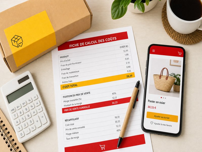 Flat lay d'un vendeur en ligne : feuille de coûts, stylo, petit colis à étiquette jaune et smartphone montrant une fiche produit de boutique en ligne, illustration du coût de revient