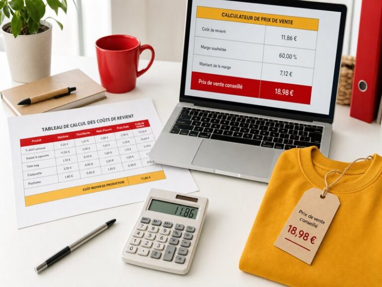 Feuille de calcul des coûts imprimée sur un bureau lumineux à côté d'un ordinateur portable affichant un tableau de prix : méthode de calcul du prix de vente d'un produit e-commerce