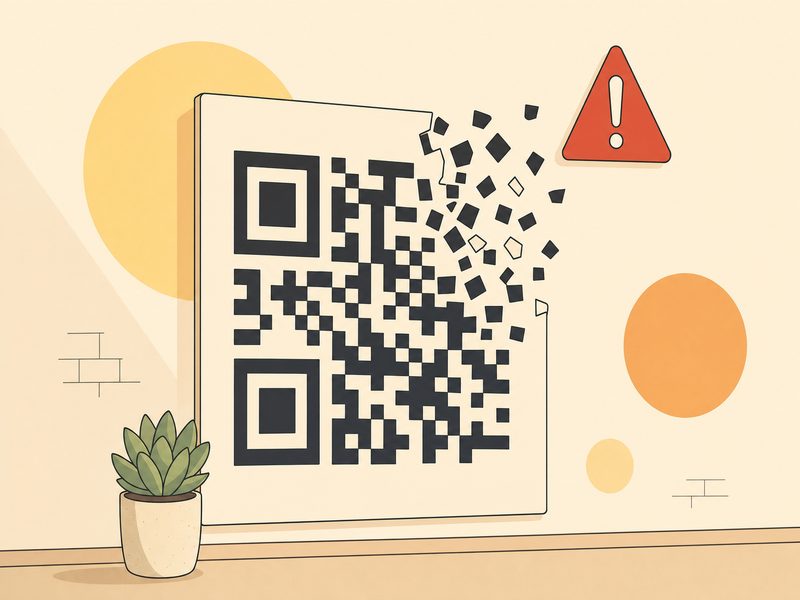 Illustration d'un grand QR code mural dont un coin s'effrite en morceaux, surmonté d'un triangle d'alerte rouge : signal visuel du risque de QR code frauduleux placé dans un lieu public.