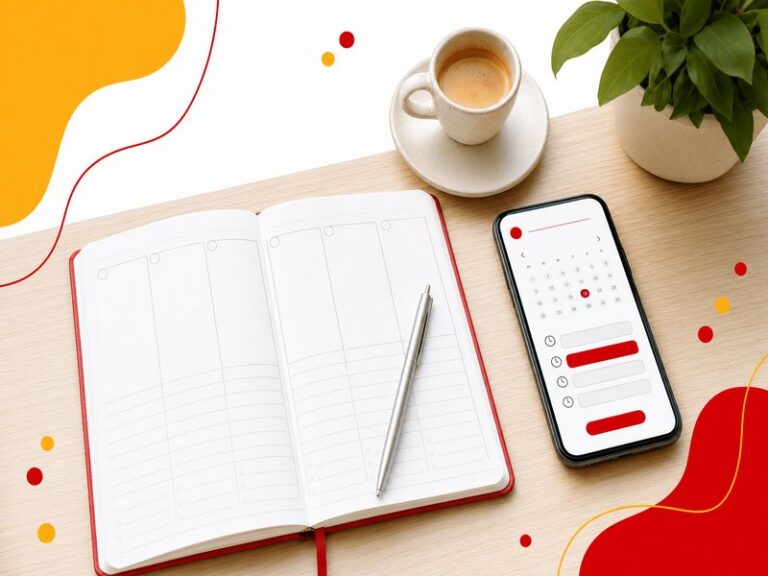 Agenda papier ouvert sur une semaine de créneaux avec un smartphone affichant un calendrier de réservation en ligne posé sur un bureau en bois clair, tasse de café et plante verte, illustration éditoriale aux accents rouge et jaune sur fond blanc