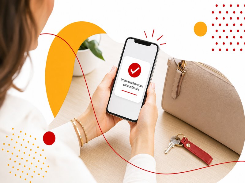 Cliente souriante confirmant sur son smartphone une réservation de rendez-vous reçue par notification, fond clair, illustration éditoriale aux accents rouge et jaune