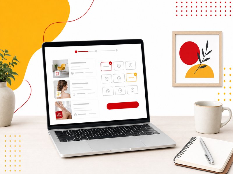 Écran d'ordinateur montrant une page de réservation en ligne avec créneaux horaires, posé sur un bureau lumineux, illustration éditoriale aux accents rouge et jaune