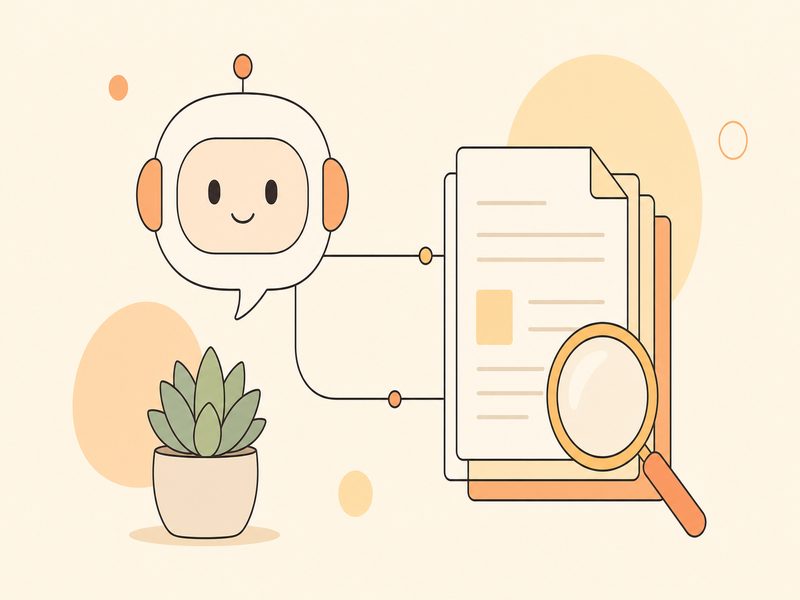 Illustration d'un assistant virtuel symbolisé par des bulles de texte reliées à des documents, sur fond beige chaud avec des cercles jaunes et orange