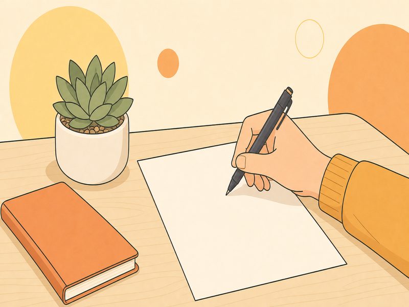 Illustration d'une personne relisant un texte sur un ordinateur portable posé sur un bureau clair, avec un carnet de notes et une petite plante grasse à côté