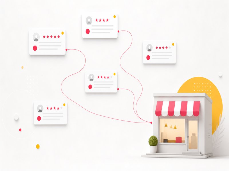 Concept des avis clients locaux : plusieurs petits rectangles flottants évoquant des avis, reliés par une ligne courbe vers un commerce stylisé, accents rouges et jaunes sur fond très clair