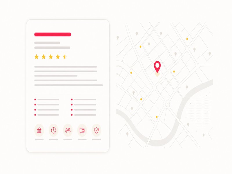 Représentation abstraite d'une fiche Google Business Profile complétée : encadré blanc à coins arrondis avec lignes de texte suggérées, horaires et note, à côté d'un plan de quartier simplifié en traits fins