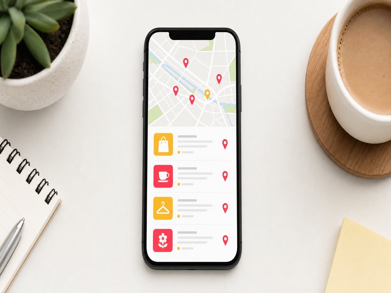 Illustration du référencement local : une recherche sur téléphone affichant des commerces géolocalisés dans une ville, avec des épingles de carte reliées par des traits fins sur fond clair