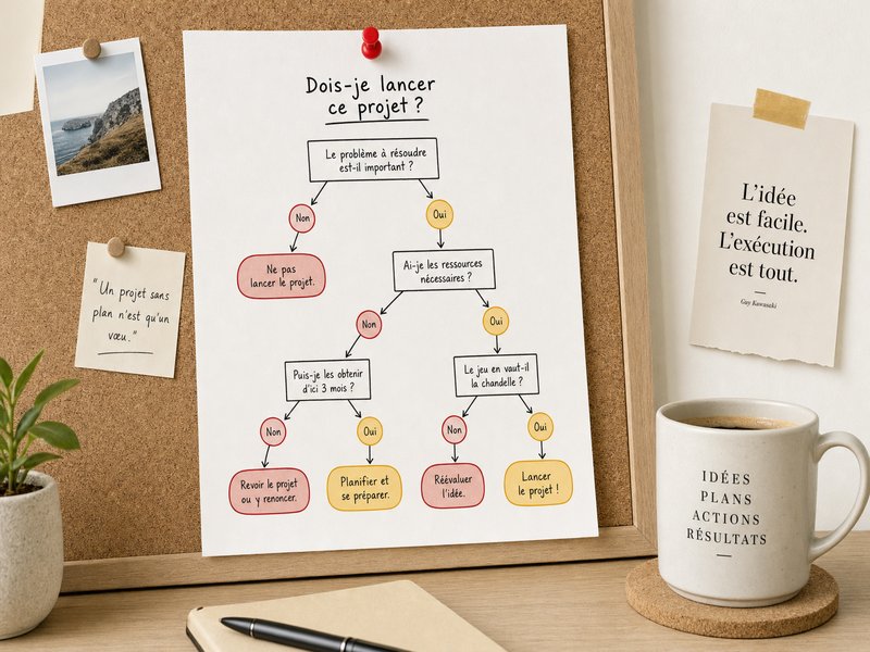 Un arbre de décision dessiné sur une feuille avec des cases rouges et jaunes pour décider s'il faut lancer une refonte de site internet, posé sur un bureau avec une tasse de café