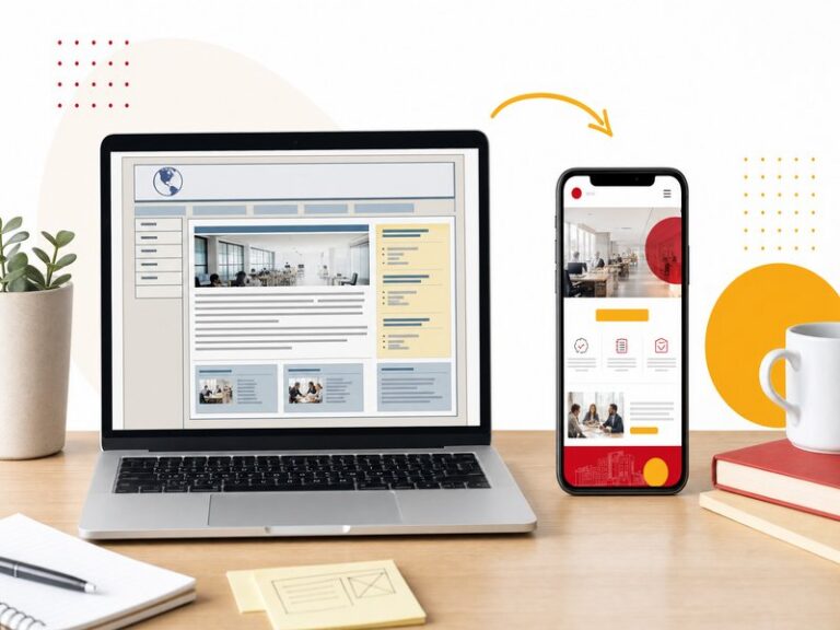Un ordinateur portable affichant un ancien site internet à côté d'un smartphone montrant la version modernisée du même site, illustration sur le thème de la refonte de site internet