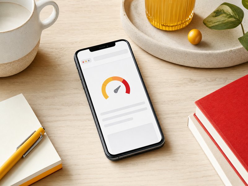 Un smartphone sur un bureau en bois affichant une page web lente avec un indicateur de vitesse, illustration des seuils de performance mesurés avant une refonte de site internet