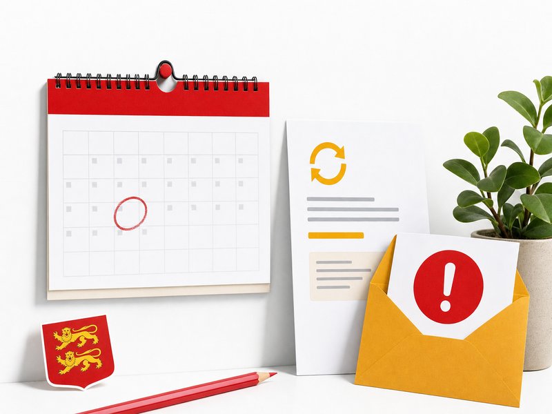 Un calendrier mural avec une date entourée au crayon rouge, une lettre de relance et une enveloppe avec un point d'exclamation, concept d'échéance de renouvellement, illustration éditoriale rouge et jaune