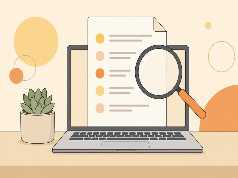 Illustration plate d\u2019un petit robot bloqu\u00e9 devant un fichier texte symbolisant le robots.txt, sur fond cr\u00e8me avec cercles jaunes et oranges, dans un style \u00e9ditorial minimaliste