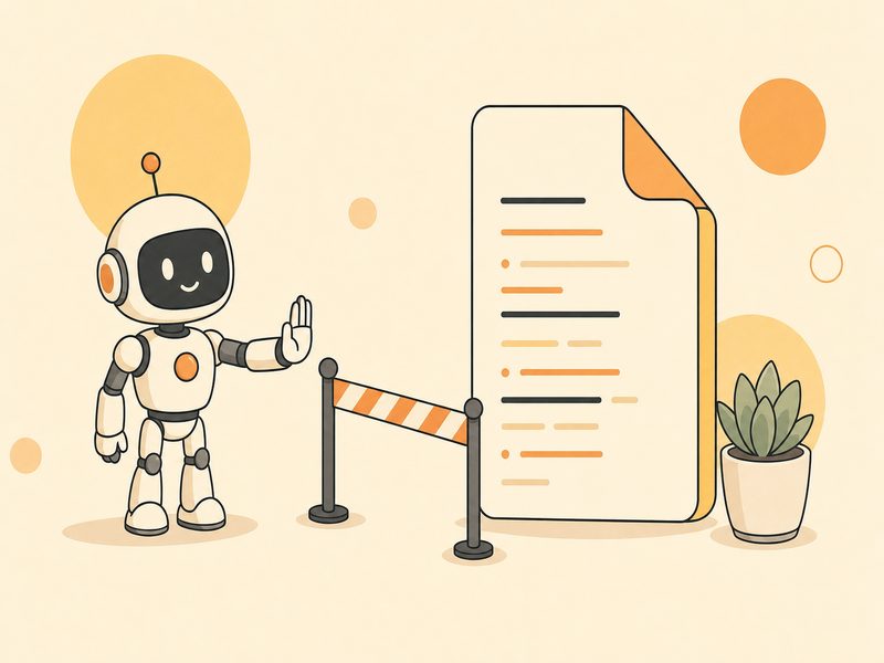 Illustration plate d\u2019un ordinateur portable affichant un document analys\u00e9 par une loupe, \u00e9voquant l\u2019audit du fichier robots.txt d\u2019un site web, sur fond cr\u00e8me avec accents jaunes et oranges