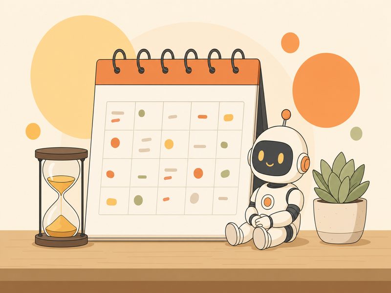 Illustration plate d’un calendrier et d’un sablier posés sur un bureau avec un petit robot patient, symbolisant l’entrée en vigueur du signal d’entraînement IA en 2027