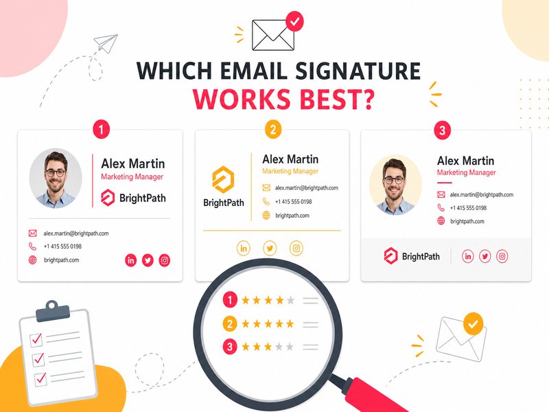Illustration éditoriale : trois versions d'une signature email comparées sur un écran, avec un logo, un téléphone et un site web, style flat design sur fond clair