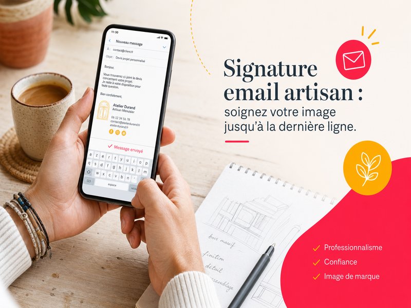Illustration éditoriale : un artisan et un smartphone montrant un email envoyé, ambiance bureau clair avec carnet et tasse, accents rouge et jaune