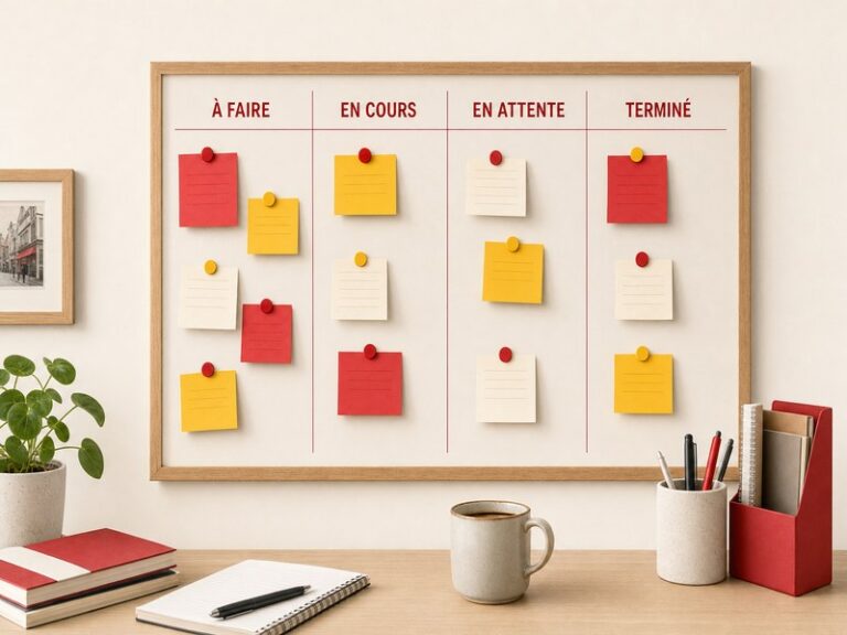 Tableau Kanban mural à quatre colonnes à faire, en cours, en attente et terminé, couvert de cartes adhésives rouges et jaunes, posé sur un bureau de TPE avec carnet, stylo et tasse de café, illustration éditoriale sur fond clair
