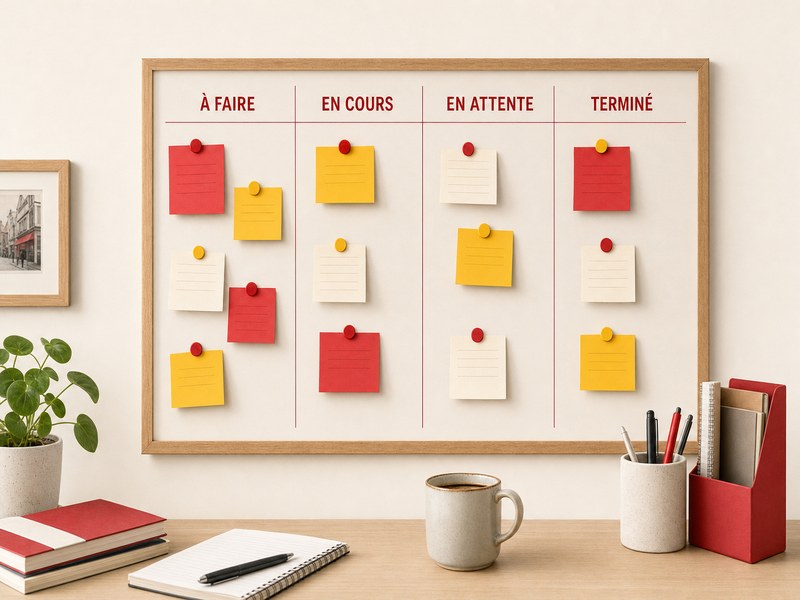 Tableau kanban avec des cartes de taches colorees sur un bureau clair, utilise pour organiser les projets et les priorites d une TPE